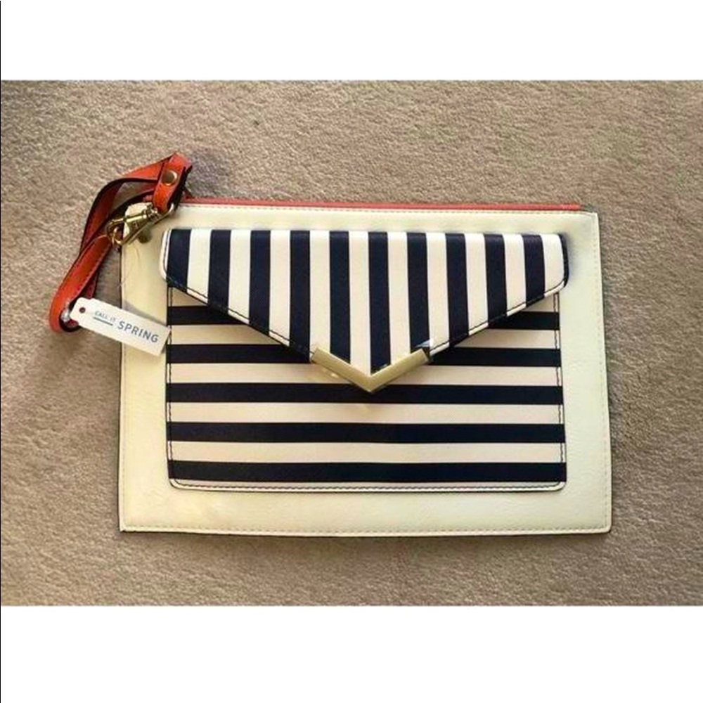 Call It Spring 2 pocket clutch coral wristlet navy and white stripes